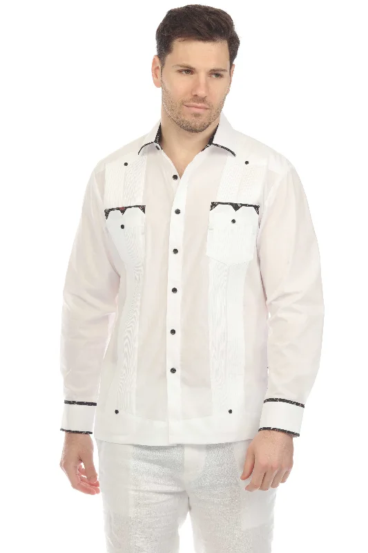 Men's Guayabera Chacabana Shirt Cotton Blend Long Sleeve with Contrast Accent Trim Street