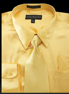 Satin Dress Shirt Convertible Cuff Regular Fit in Gold With Tie And Pocket Square Artistic Men's Avant