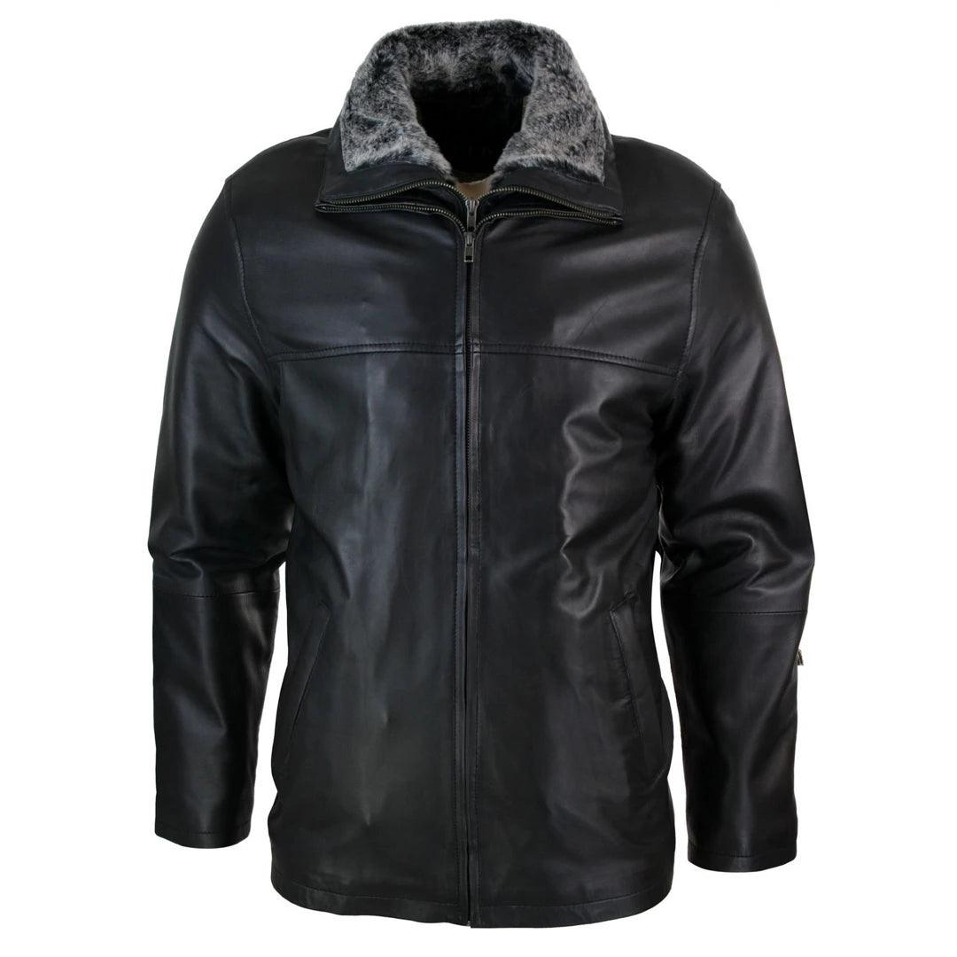 Mens Classic Double Zip Fur Lined Genuine Soft Leather Coat Jacket Regular Fit Sophisticated Men's French