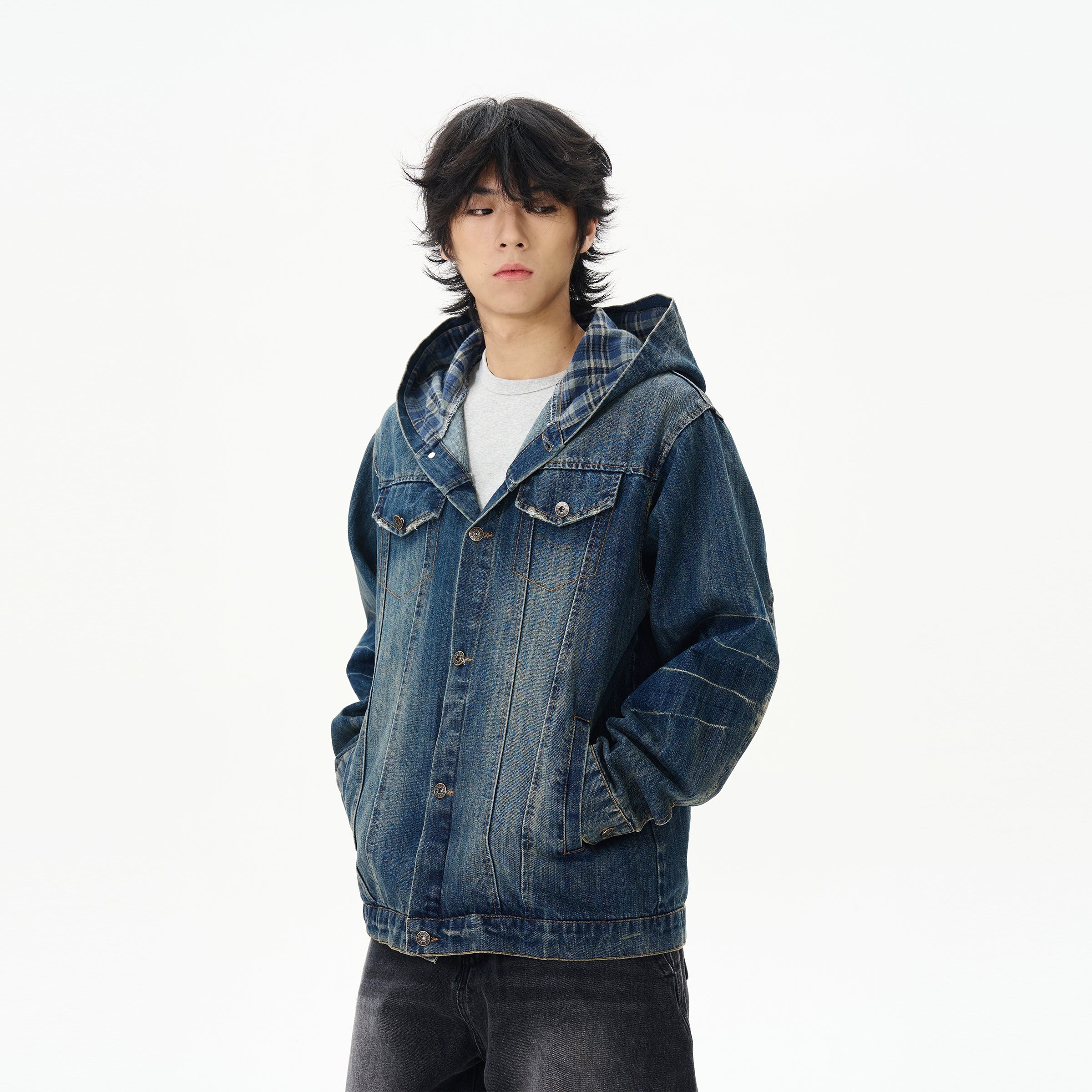 Hooded Denim Jacket with Plaid Lining Confident Men's High