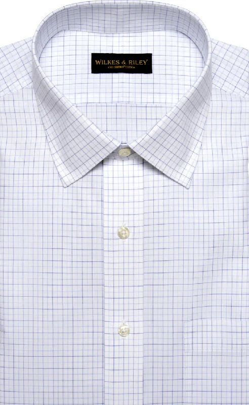 Tailored Fit White Ground Navy / Lt Blue Tattersall Spread Collar  Supima® Cotton Non-Iron Broadcloth Masculine Men's 