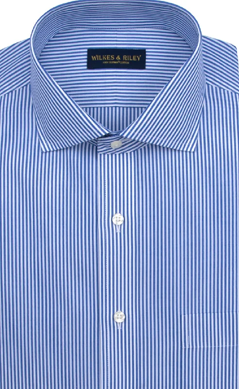 Tailored Fit Blue Bengal Stripe English Spread Collar  Supima® Cotton Non-Iron Broadcloth Dress Shirt Cozy Men's Winter