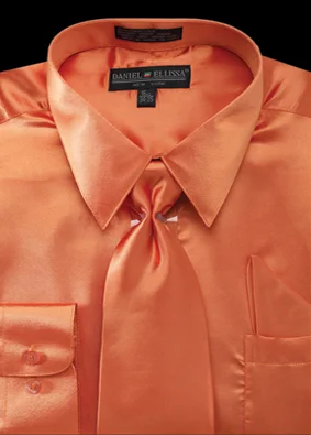 Satin Dress Shirt Convertible Cuff Regular Fit in Orange With Tie And Pocket Square Dynamic Men's Moto