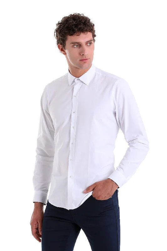 Comfort Fit Long Sleeve Cotton Blend White Dress Shirt Modern Men's 