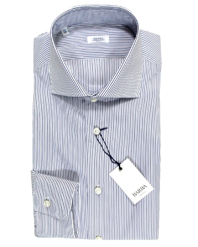 Barba Dress Shirt White Navy Stripes 43 - 17 Modern Fit Casual Men's Loose