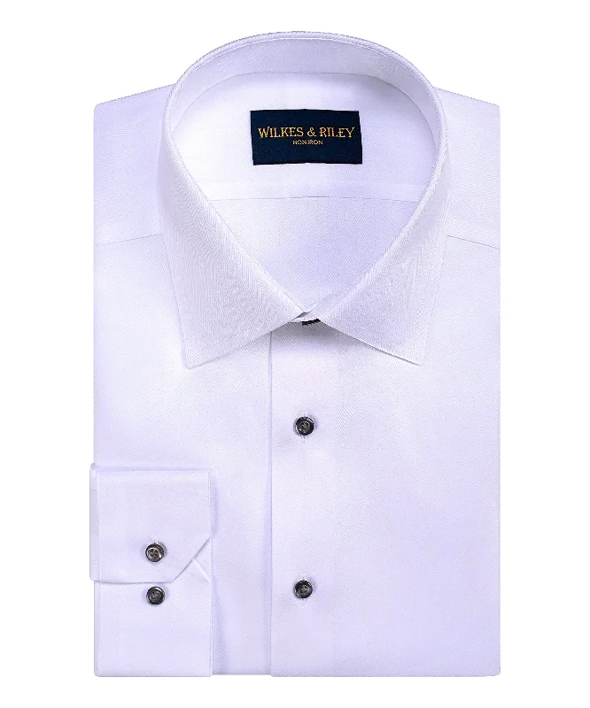 Tailored Fit White Spread Collar Non-Iron Herringbone Dress Shirt British Gentleman Style