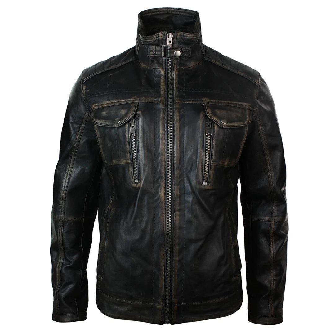 Mens Retro Vintage Distressed Jacket Real Washed Leather Brown Black Rub Off Confident Men's Power