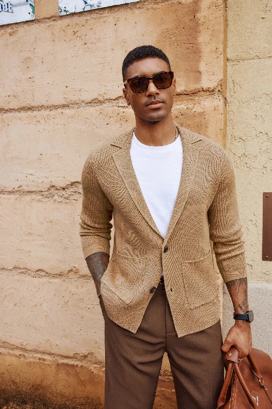 Mens Notch Collar Cardigan Sweaters Knit Textured Sweater Button Down Blazer with Pockets Traditional Men's Country