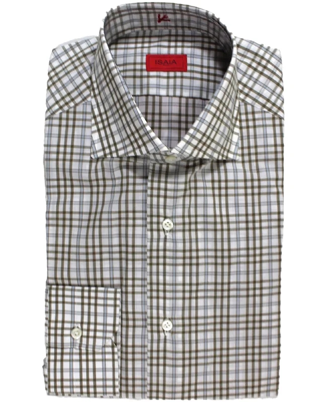 Isaia Shirt White Taupe Blue Glen Check 40 - 15 3/4 Regular Fit Sleek Men's Metallic