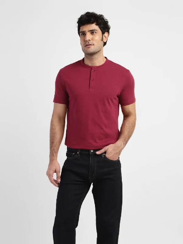 Men's Self Design Henley T-shirt Red Refined Men's Hand