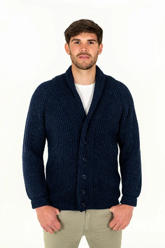 Mens ribbed Shawl Collar wool Cardigan - Navy Minimalist Men's Casual 