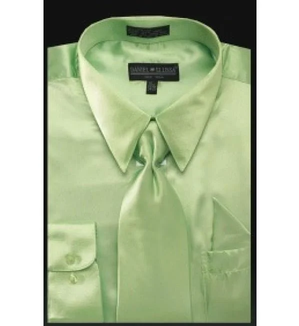 Satin Dress Shirt Convertible Cuff Regular Fit In Apple Green With Tie and Pocket Square Refined Men's European