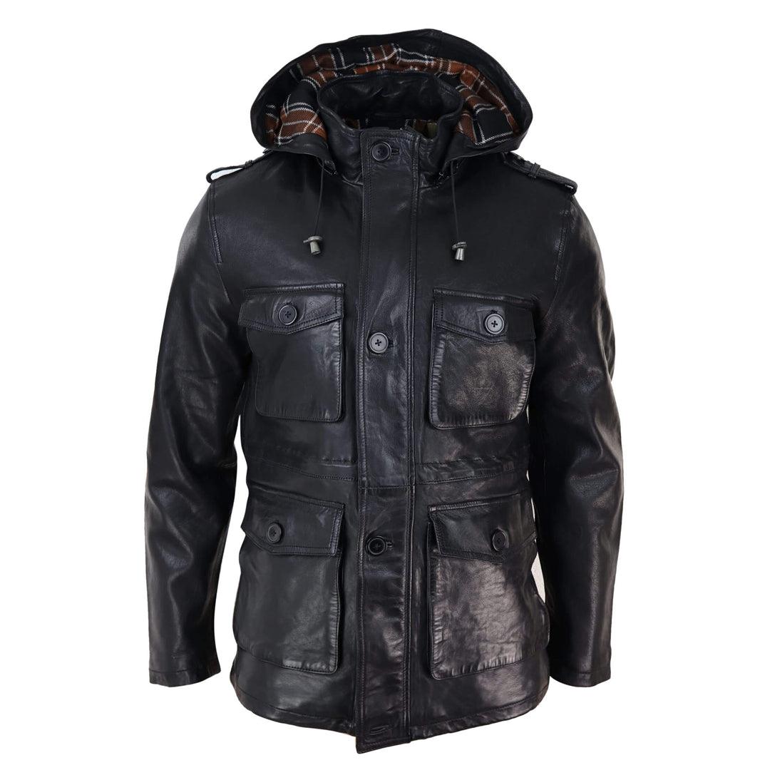 Mens 3/4 Long Real Leather Duffle Jacket Coat Safari Detachable Hood Military Tough Men's Tactical