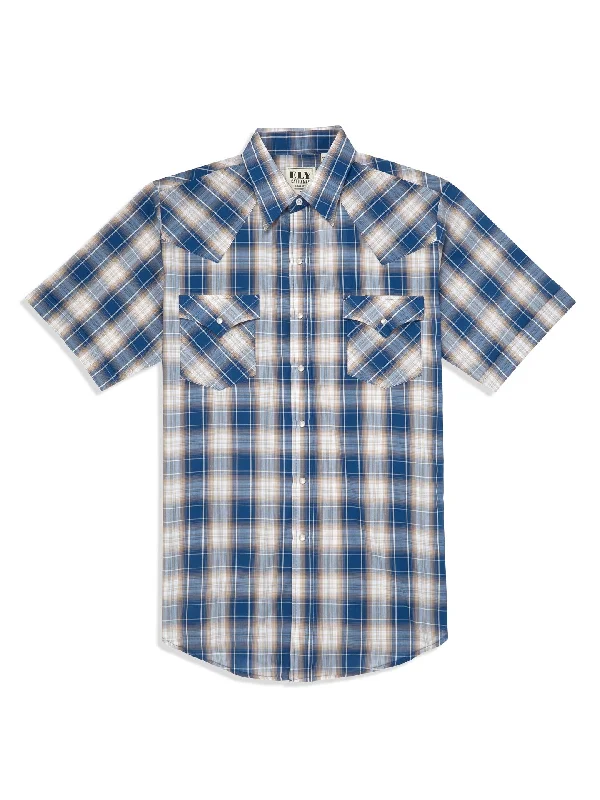 Denim Blue & White Plaid Short Sleeve Shirt Refined Men's European