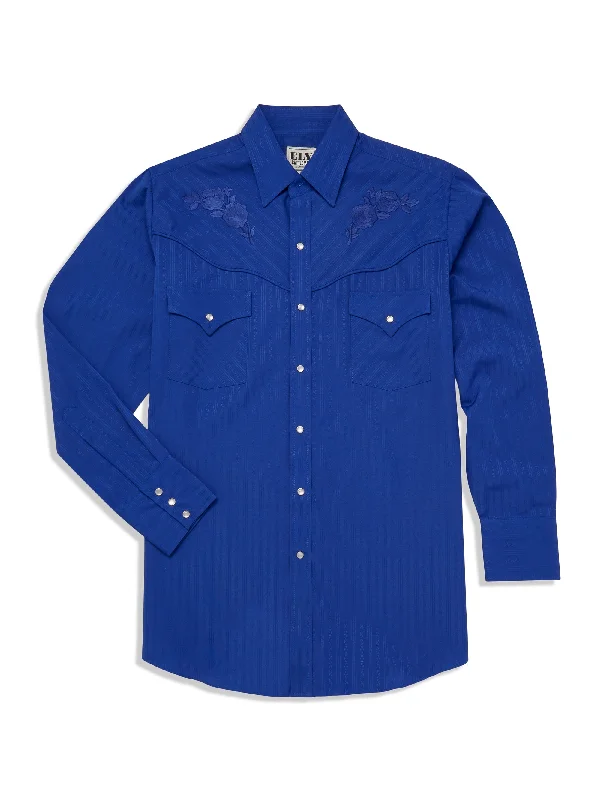 Men's Royal Blue Western Shirt w/ Embroidery Casual Men's Loose