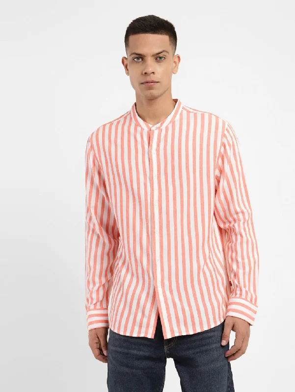 Men's Striped Band Neck Shirt Casual Men's Loose