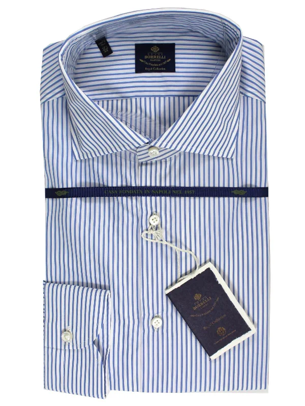 Luigi Borrelli Dress Shirt White Navy Stripes 44 - 17 1/2 ROYAL COLLECTION - SALE Edgy Men's Punk