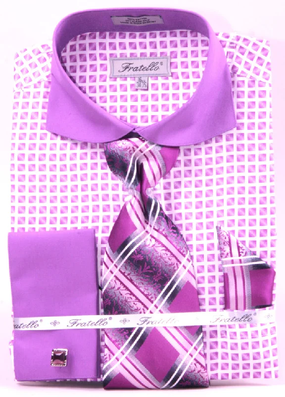 French Cuff Checker Pattern Cotton Shirt in Lilac Earthy Men's Sustainable 