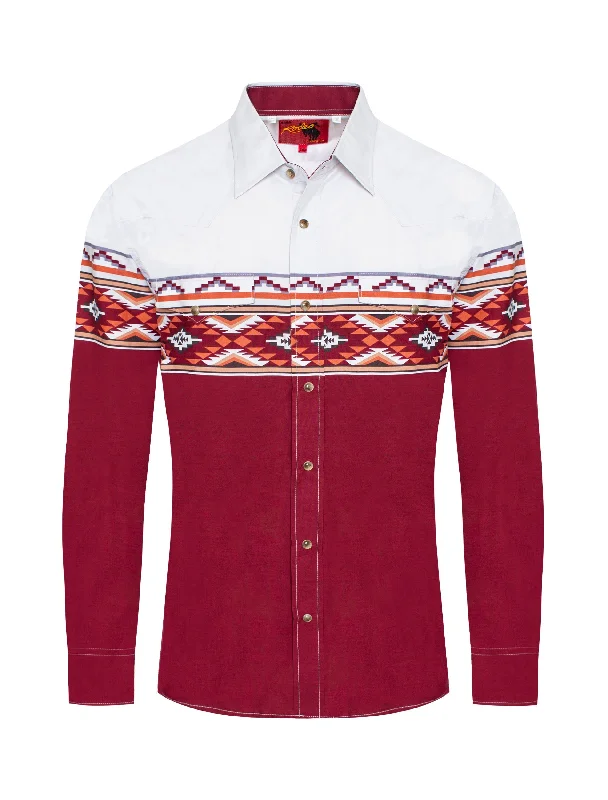 White & Red Solid Tribal Print Long Sleeve Shirt Edgy Men's Punk