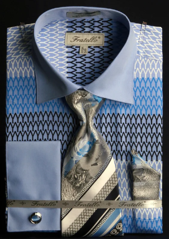 French Cuff Printed Tone on Tone Shirt in Blue with Tie, Cuff Links and Pocket Square Beach