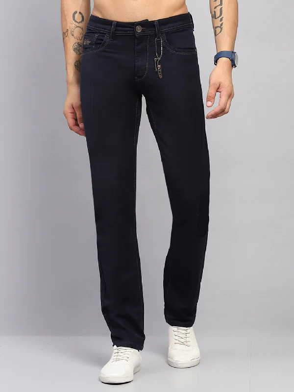 Men Navy Blue Solid Narrow Fit Denim Masculine Men's 