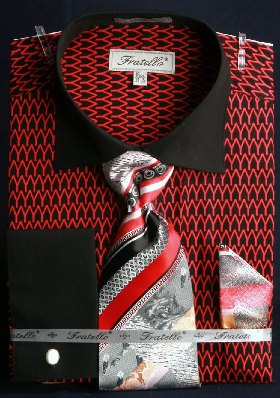 French Cuff Printed Tone on Tone Shirt in Black/Red with Tie, Cuff Links, and Pocket Square Practical Men's Multi