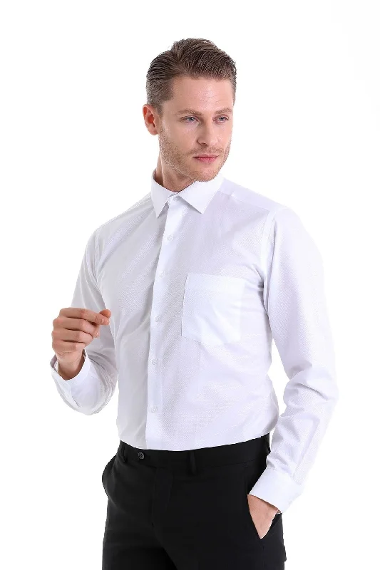 Classic Fit Chest Pocket Cotton Blend White Dress Shirt British Gentleman Style