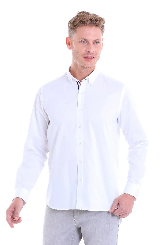 Comfort Fit Button-Down Collar Cotton White Dress Shirt Youthful Men's Pop