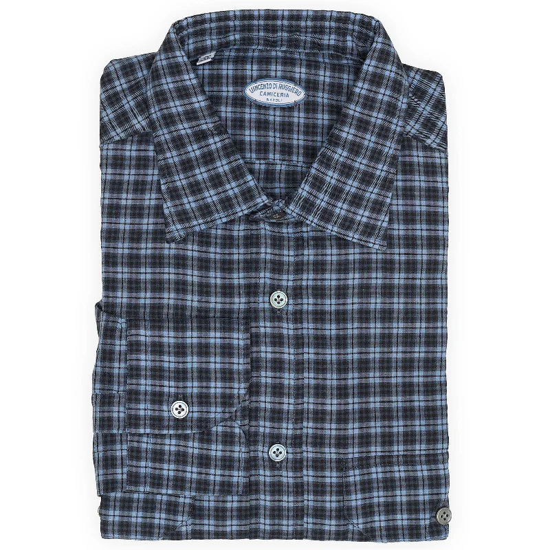 VINCENZO DI RUGGIERO Handmade Blue Plaid Cotton Shirt EU 40 NEW US 15.75 Cozy Men's Sherpa