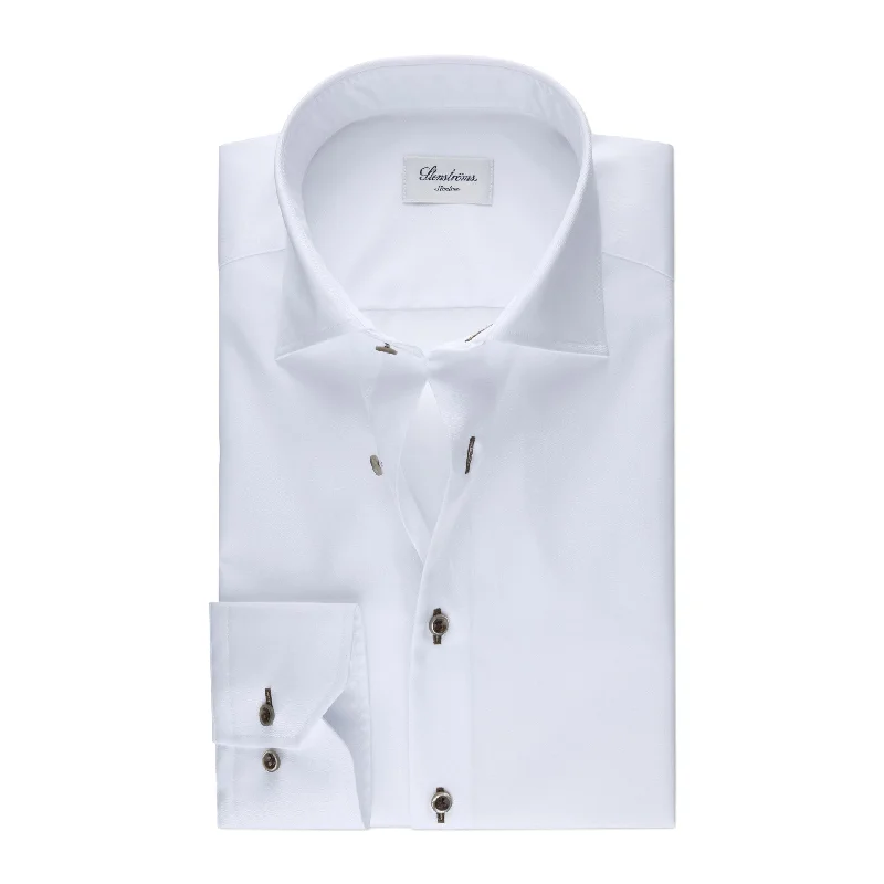 White Twill Slimline Shirt with Contrast Buttons and Buttonholes - Stenströms Confident Men's High