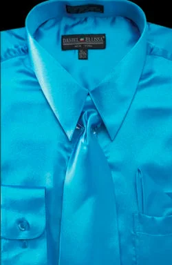 Satin Dress Shirt Convertible Cuff Regular Fit in Turquoise With Tie And Pocket Square Trendy Men's Scandinavian