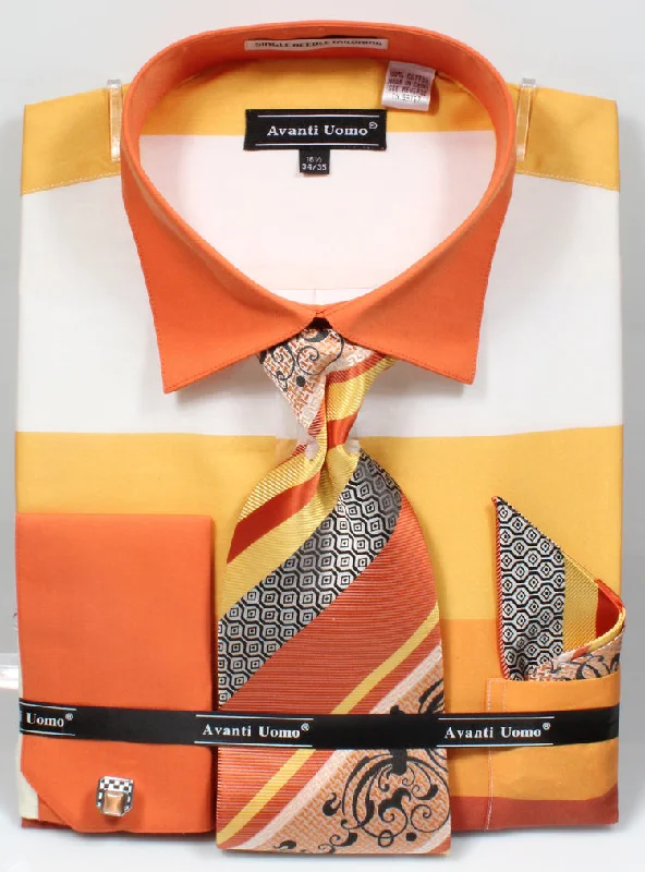 French Cuff Shirt in Yellow with Tie, Cuff Links, and Pocket Square Polished Men's Silk