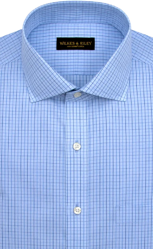 Slim Fit Light Blue Ground Navy Check English Spread Collar Supima® Cotton Non-Iron Broadcloth Refined Men's Classic 