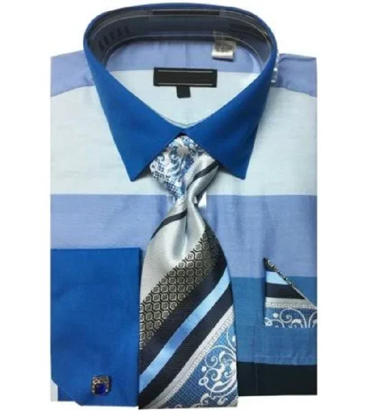 French Cuff Shirt in Blue with Tie, Cuff Links, and Pocket Square Casual Men's Loose