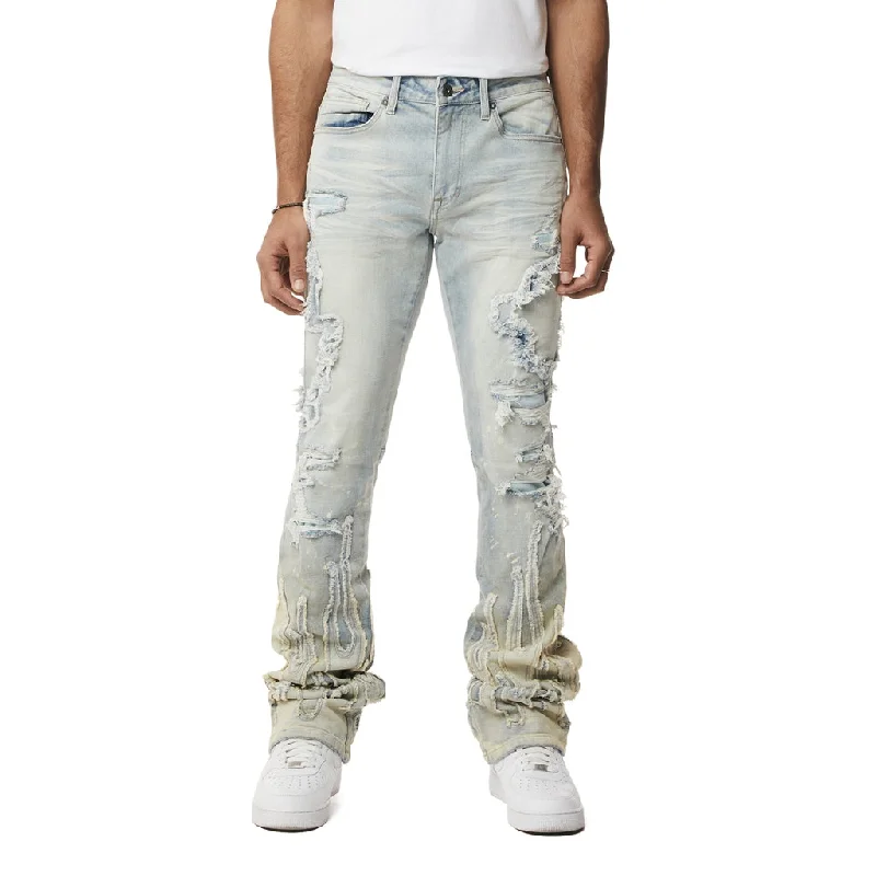 Stacked Flame Applique Heavy Rip and Repair Jeans - Ombre Blue Masculine Men's Thick