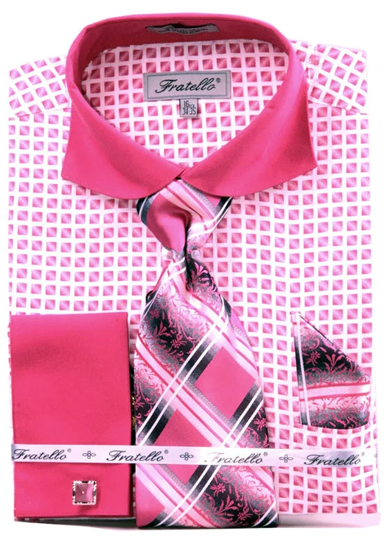 French Cuff Checker Pattern Cotton Shirt in Fuchsia Organic