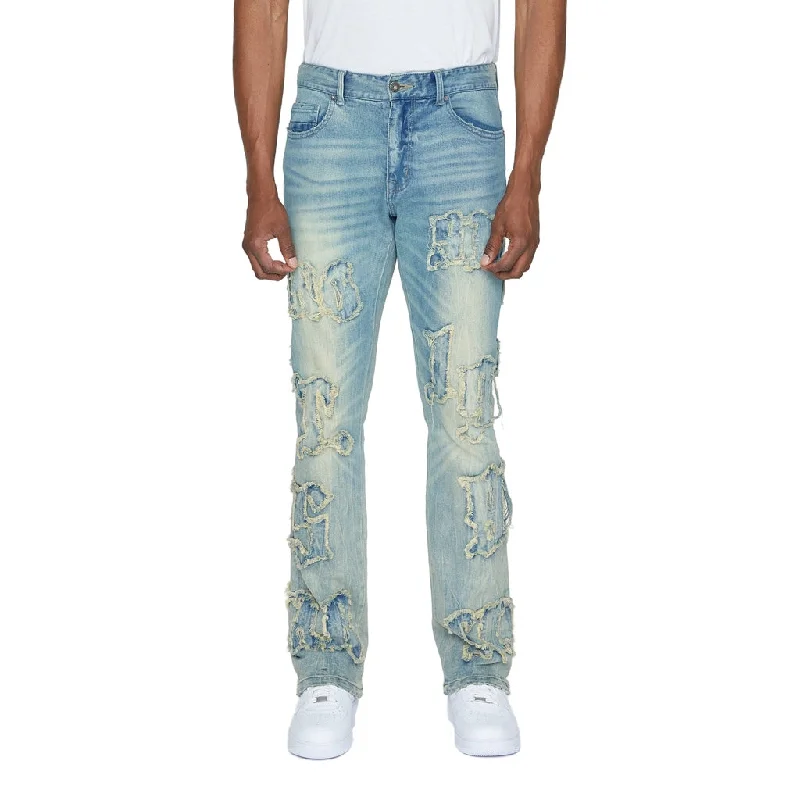 Stacked Letter Applique Jeans - Geneva Blue Casual Men's Loose