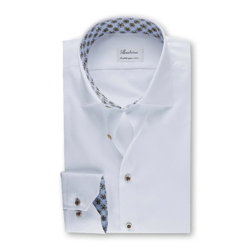 White Slimline Shirt with Floral Trim & Contrast Buttons - Stenströms Masculine Men's 