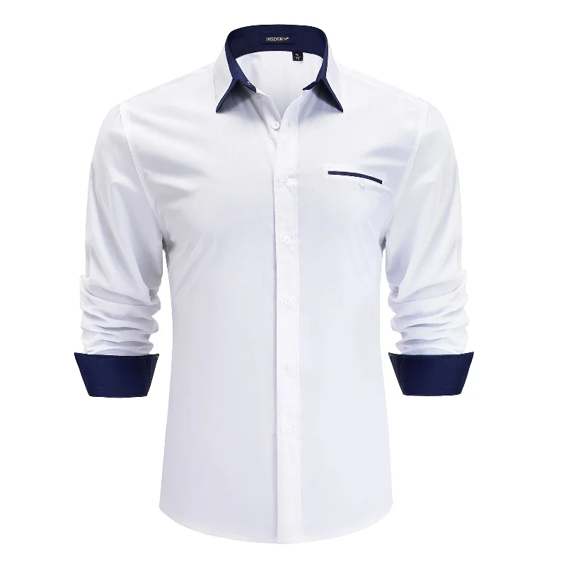 Men's White Dress Shirt with Contrast Navy Collar Gym