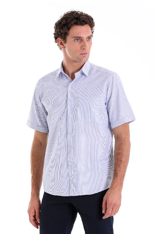 Comfort Fit Cotton Blend Striped Navy Dress Shirt Earthy Men's Hemp