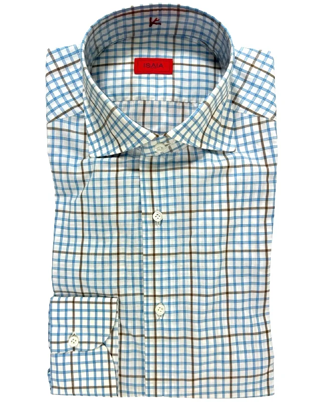 Isaia Shirt White Blue Brown Check 39 - 15 1/2 Regular Fit SALE Confident Men's High