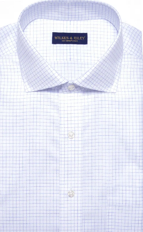 Tailored Fit Blue Twill Check English Spread Collar Supima® Cotton Non-Iron Dress Shirt Trendy Men's Scandinavian