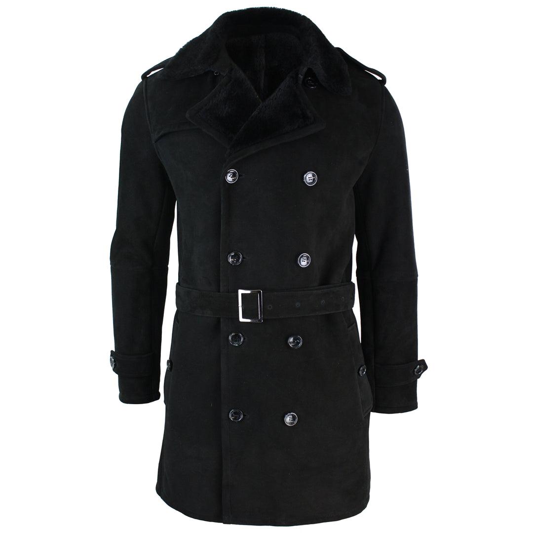 Mens Sherling Sheepskin Black Grey Double Breasted Belted Crombi 3/4 Overcoat Trendy Men's Scandinavian