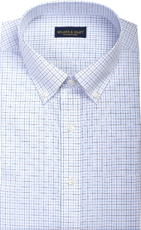 Slim Fit Sky / Navy Poplin Check Button Down Collar Supima® Cotton Non-Iron Dress Shirt Classic Men's Pin