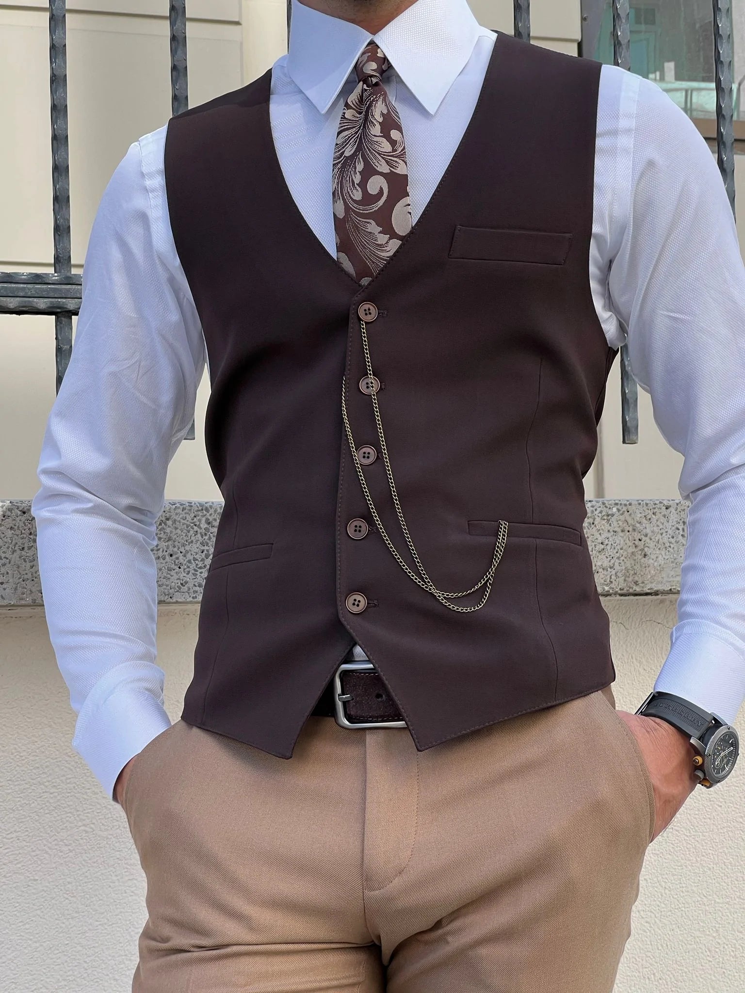 Stefano Slim Fit Woolen Brown Men's Vest: The Ultimate Versatile Layering Piece Elegant Men's Formal 