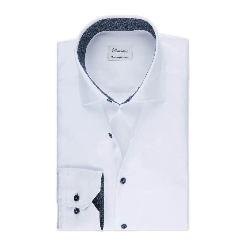 White w/ Blue Contrast Textured Twill Fitted Body Shirt - Stenströms Modern Men's 