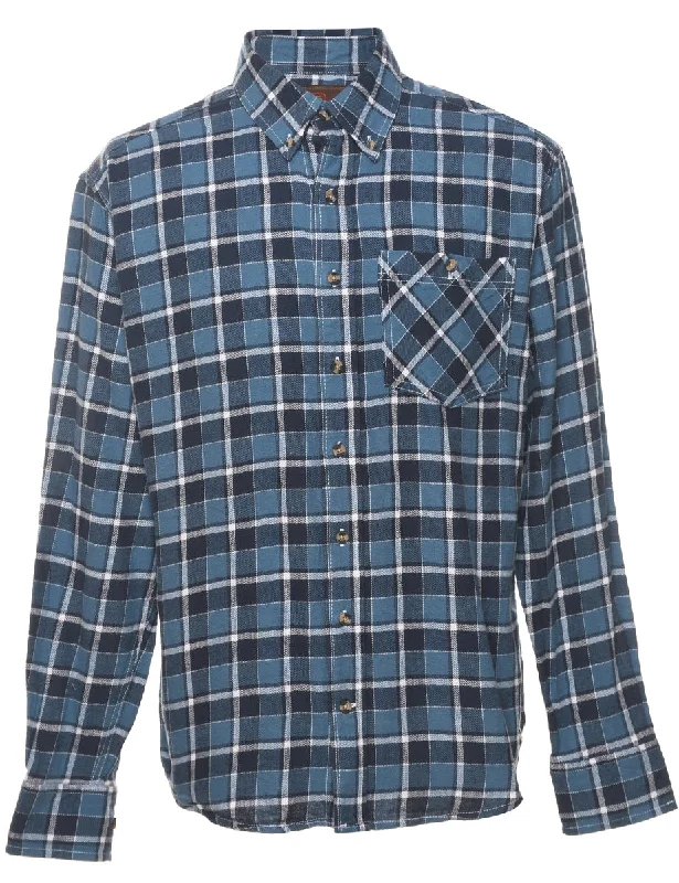 Long Sleeved Navy & Blue Flannel Checked Shirt - M Unique Men's Patch