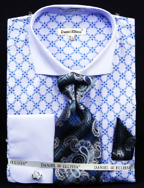 French Cuff Printed Two Tone Shirts in Blue with Tie, Cuff Links and Pocket Square Athletic Men's High