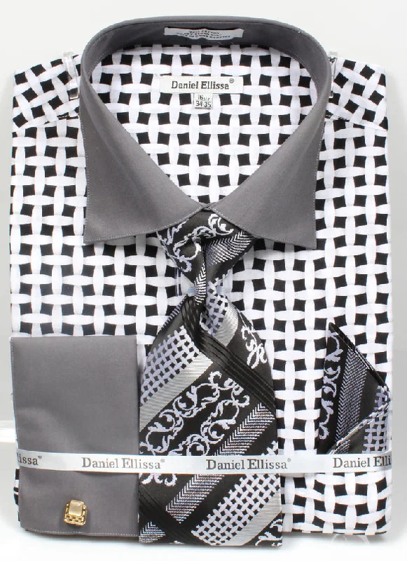 French Cuff Checker Pattern Cotton Shirt in Black/White Laid