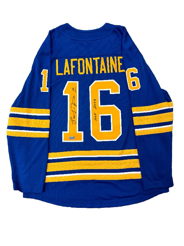 Pat LaFontaine Signed Buffalo Sabres Fanatics Authentic Blue Jersey with HOF 03 Trendy Men's Scandinavian